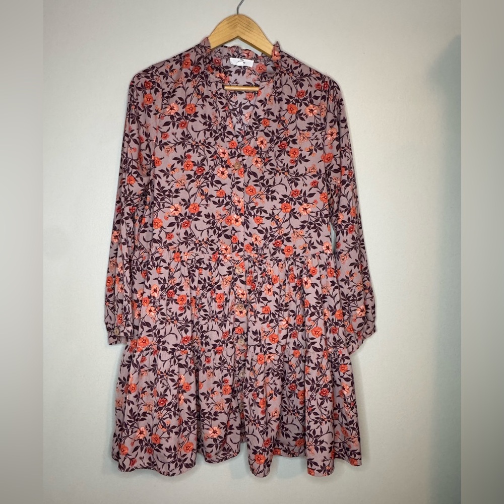 Entro Floral Tiered Midi Dress Pink Orange Small